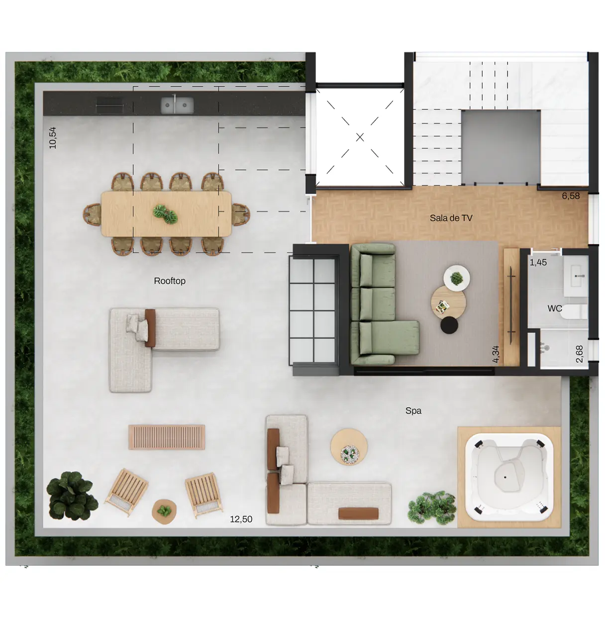 Planta do rooftop, unidade tipo 1A