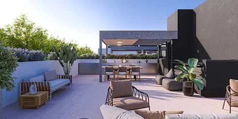 Rooftop com lareira externa, lounge e mesa gourmet
