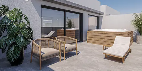 Deck do rooftop com vista para a área verde